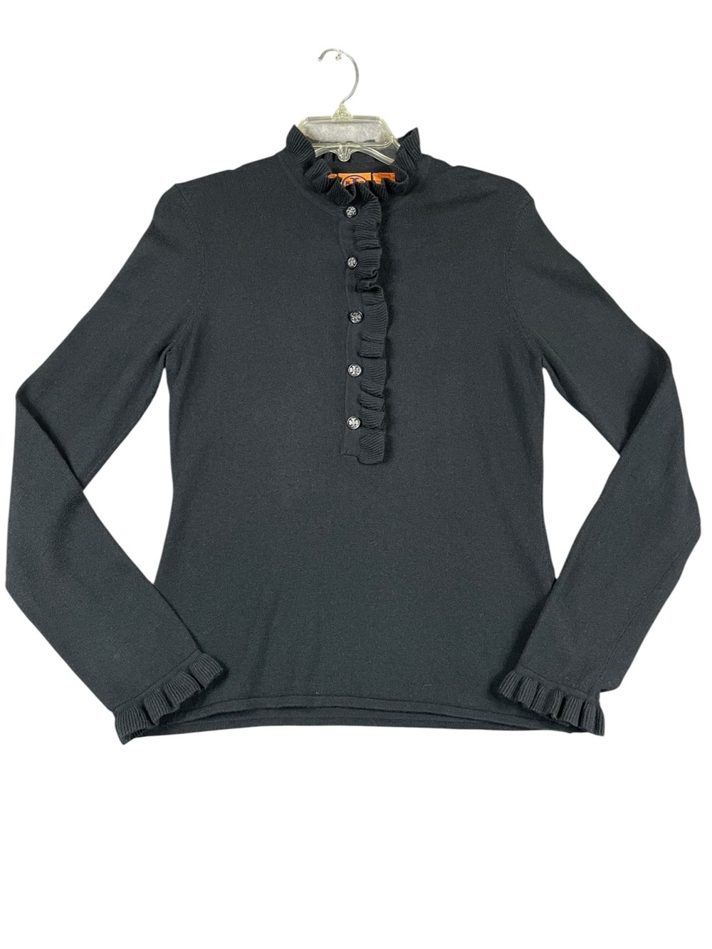 Tory Burch Deneuve Ruffle-Trimmed Cashmere Blend Sophisticated Henley Sweater  S